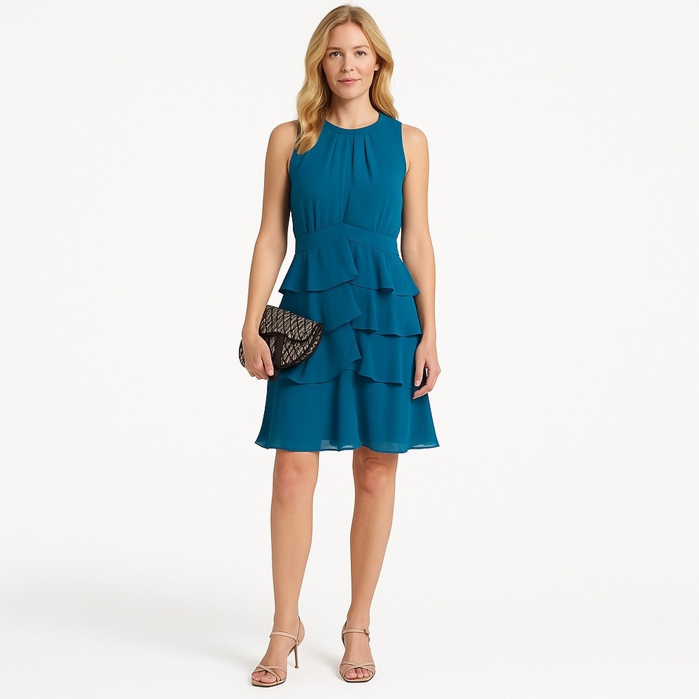 RW&CO. Empire chiffon dress woven turquoise cerulean blue sleeveless size 2 - Picture 16 of 16